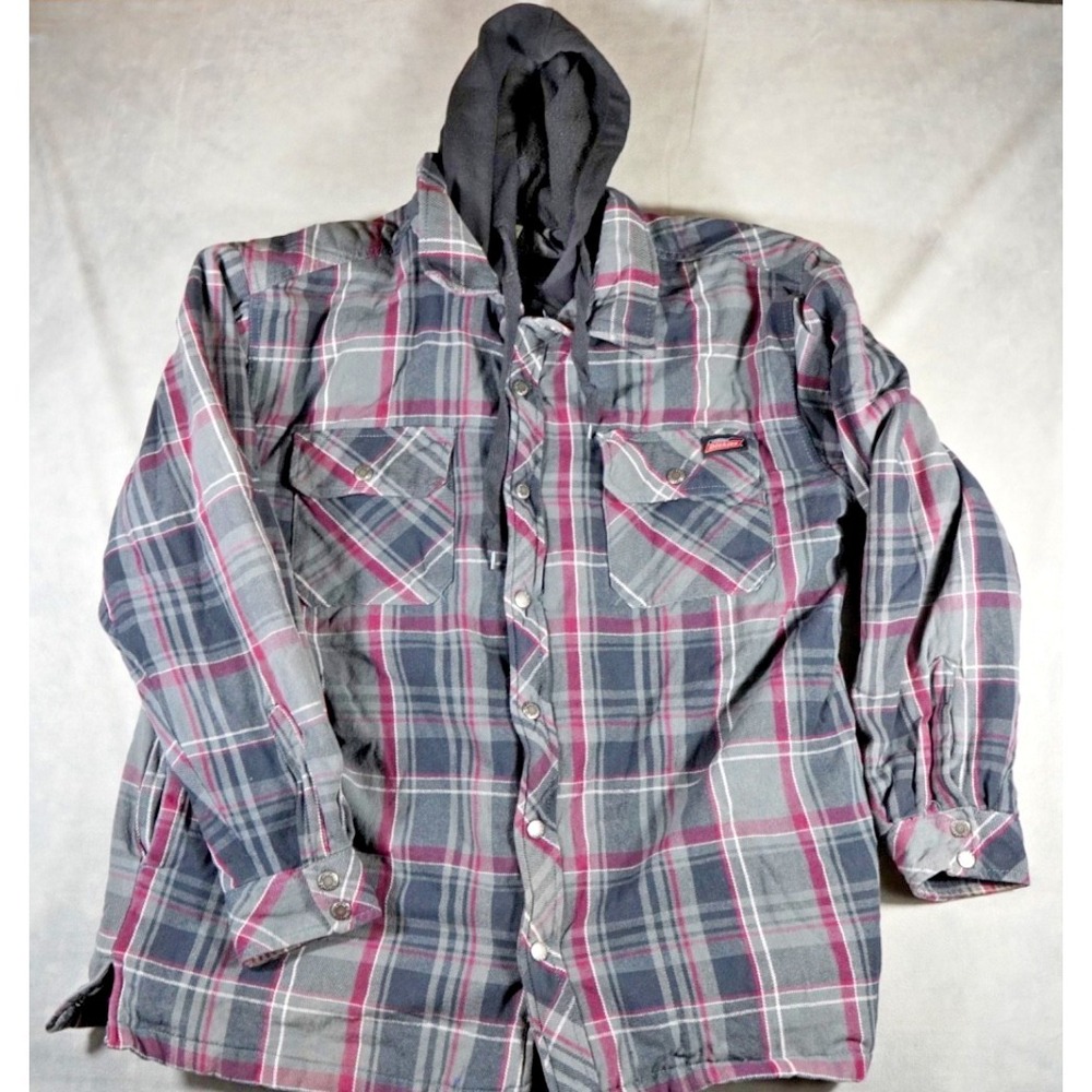 Dickies Plaid Hooded Full‎ Zip Snaps Shirt/Jacket Mens XXL Pockets Quilted Liner